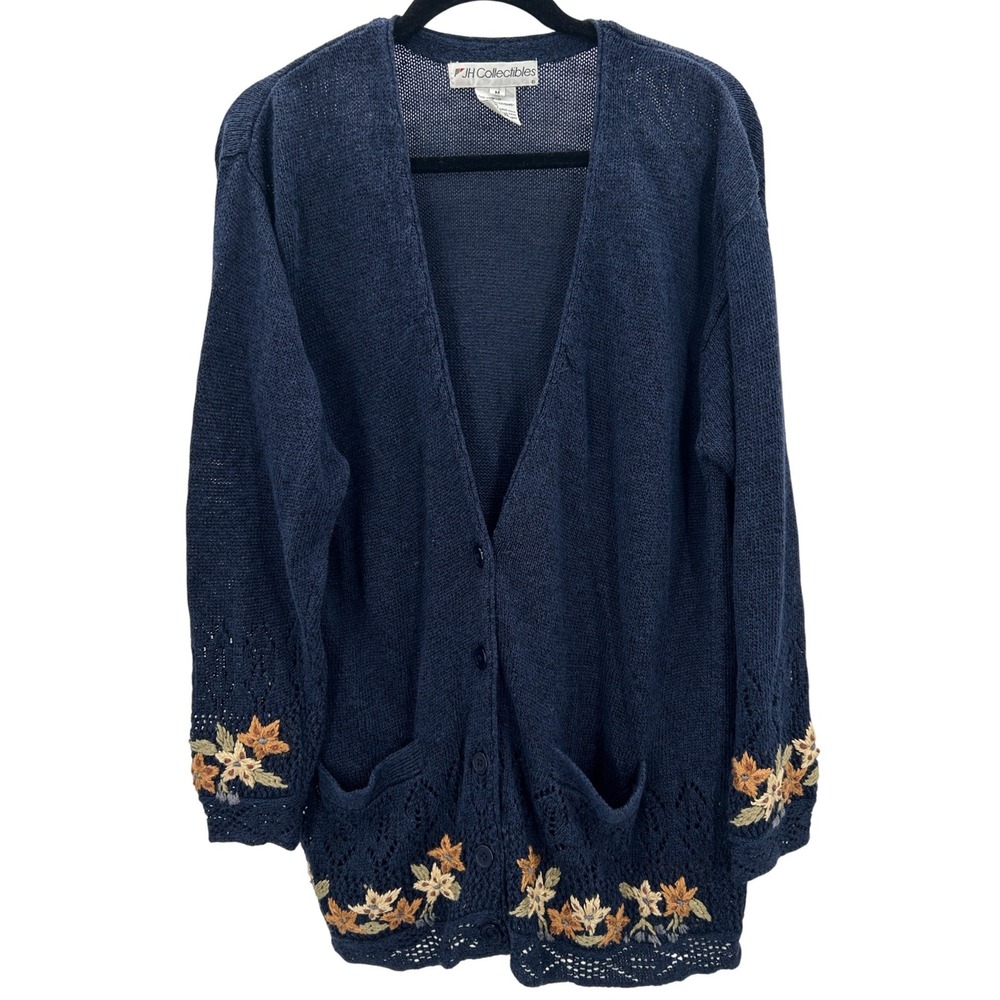 VTG JH Collectibles‎ Navy Blue Linen Floral Embroidered Cardigan Sweater Medium